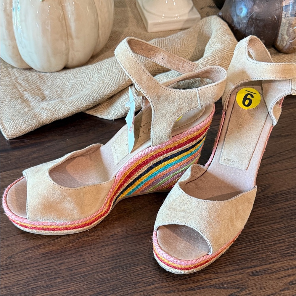 Beige Suede Wedge Sandals with Rainbow Sole